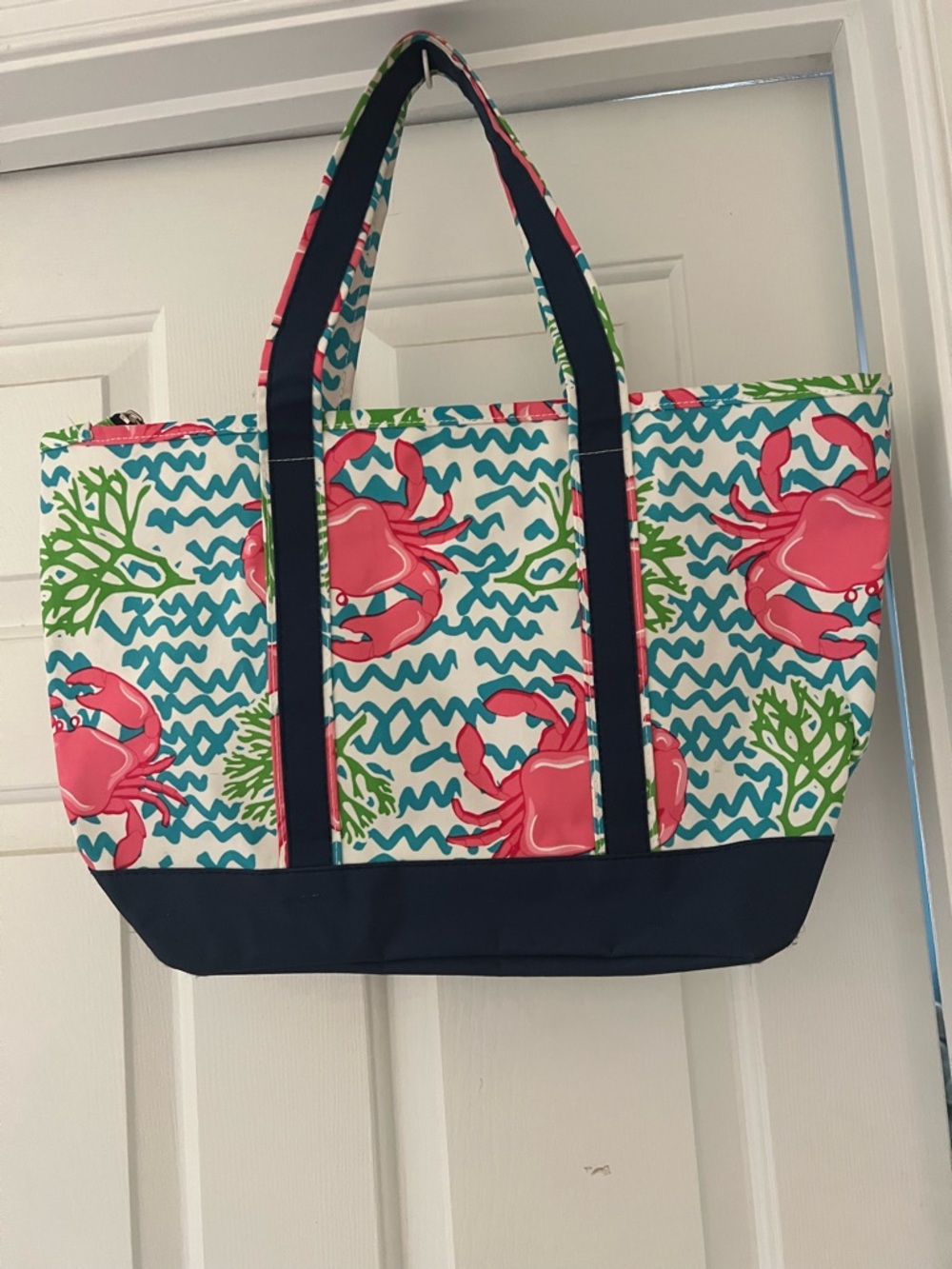 Simply Southern Coral & Navy Crab Canvas Tote - Picture 2 of 3